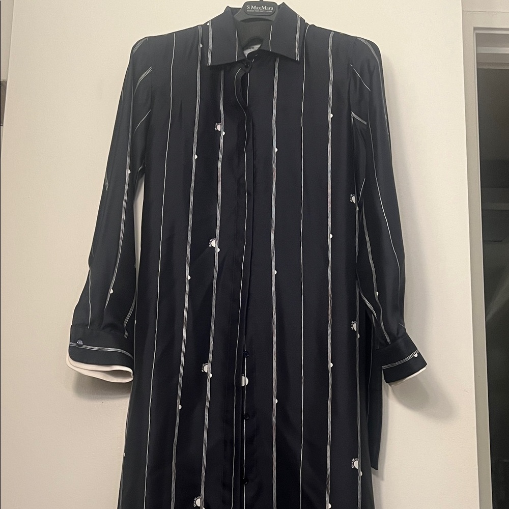 MaxMara Black Vertical Stripe Shirt Dress with White Trim